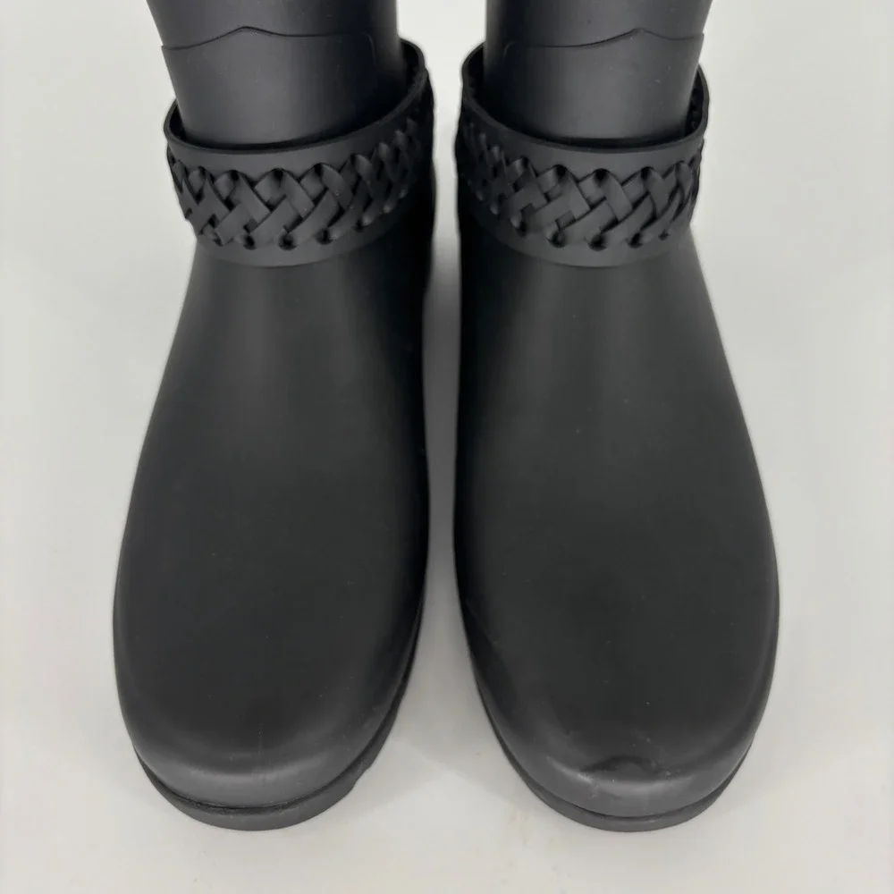 Hunter Refined Biker Rain Boots Woven Strap Black Women Size 9 Rubber Lug Sole